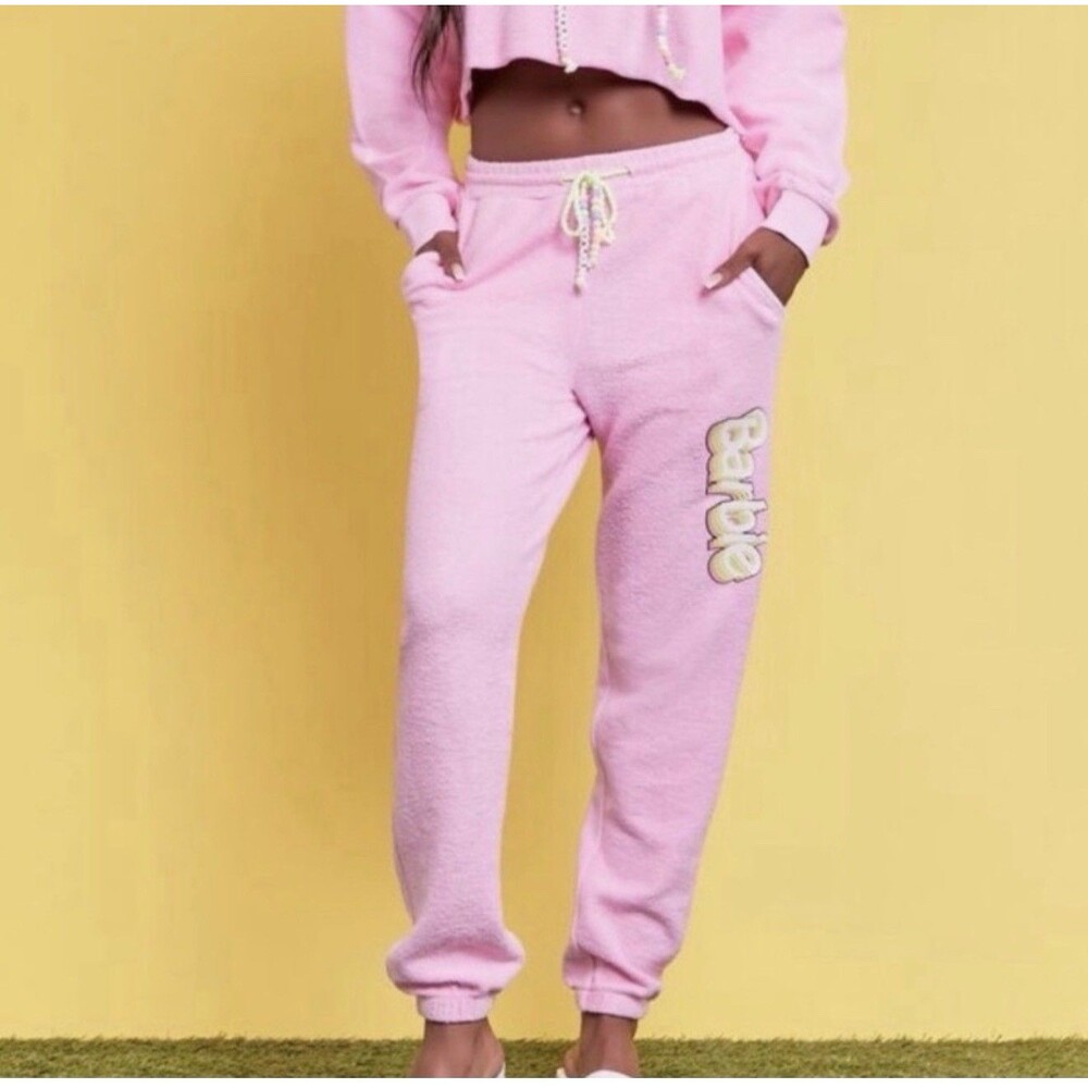 Barbie Forever 21 Pink Graphic Beaded Terry Jogger Sweat Pants SZ M NWT